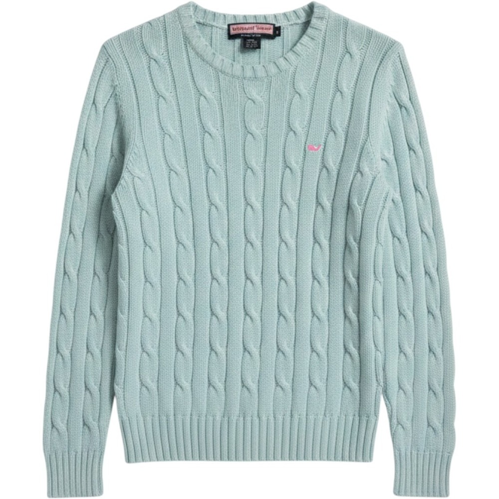 Vineyard Vines Womens Aqua Blue Cable Knit Whale Logo Crewneck Sweater Size M